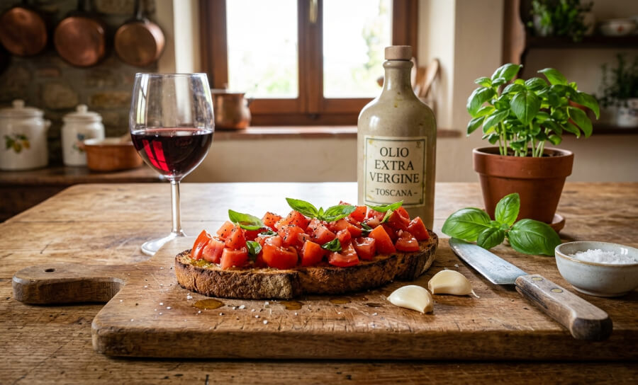 La bruschetta è un piatto della cucina italiana condito con olio, aglio e basilico, accompagnato da del buon vino