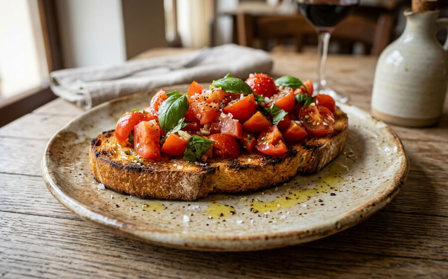 Bruschetta tradizionale italiana con pane bruschettato, pomodoro, olio e basilico
