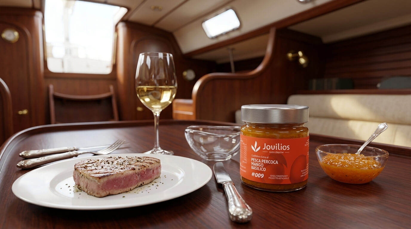 Still-life con barattolo di confettura di pesca percoca, mango e basilico e tonno scottato in una barca a vela