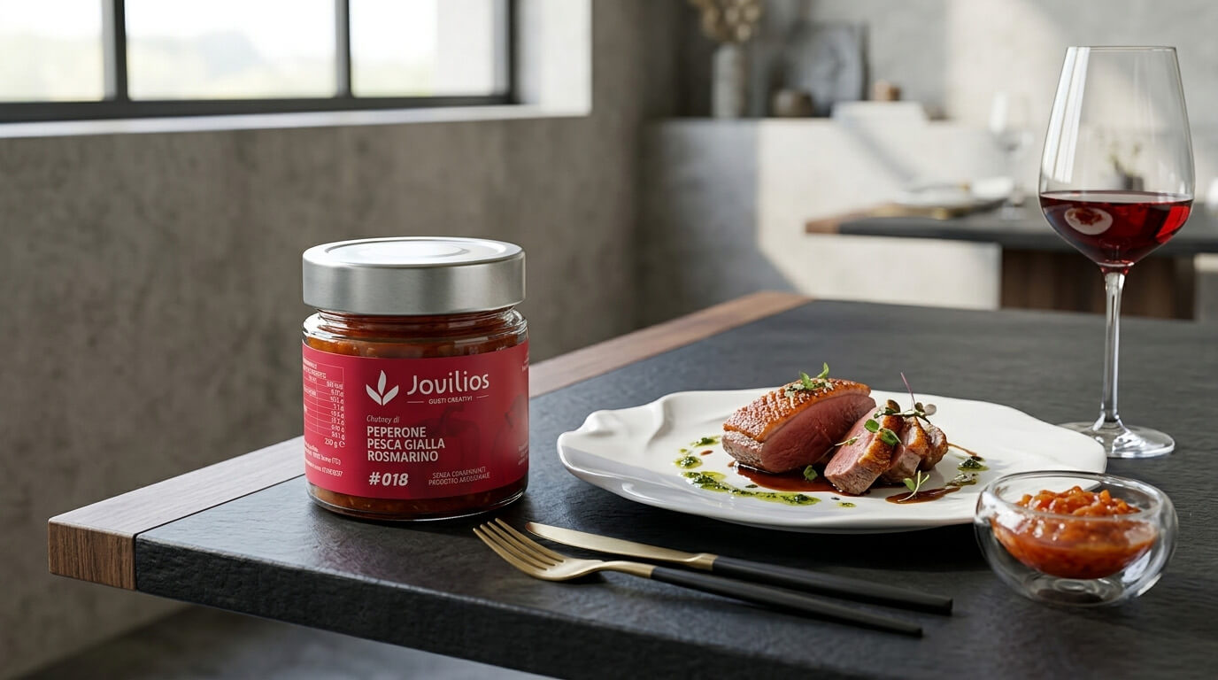 Still-life con barattolo di chutney di peperone, pesca gialla, rosmarino e petto d'anatra in un ristorante stellato