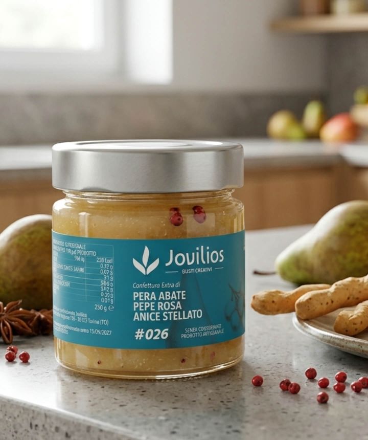 dettaglio etichetta Jovilios dal design pulito su conserva artigianale